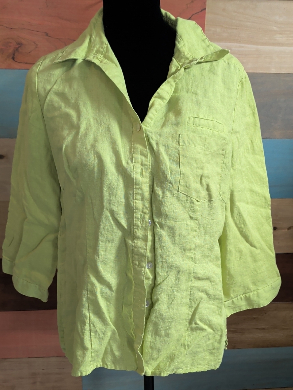 Carole Little Lime Green Button-Front Linen Shirt